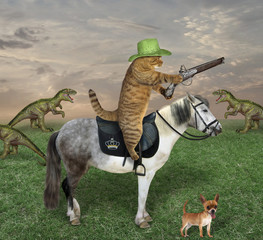 The beige cat in a cowboy hat with his dog grazes a herd of dinosaurs on the farm. He has an antique flintlock pistol.