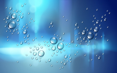Water rain drops or condensation over blurred city background beyond the window, realistic transparent 3d vector illustration, easy to put over any background or use droplets separately.
