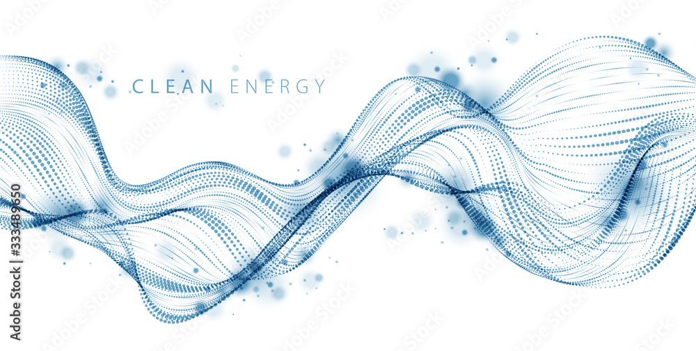 Poster array of particles flowing, dynamic sound wave. 3d vector illustration. mesh round dots, beautiful r