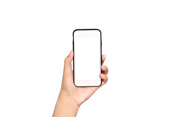 Close-up of a woman holding a smartphone with a blank screen and modern design frame - isolated on a white background