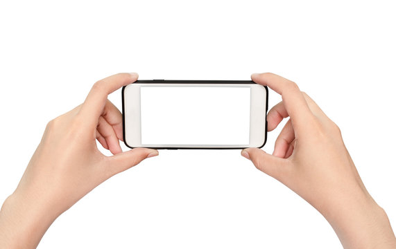 The woman's hand is holding a smartphone with a separate blank screen on a white background, suitable for use as a background image.