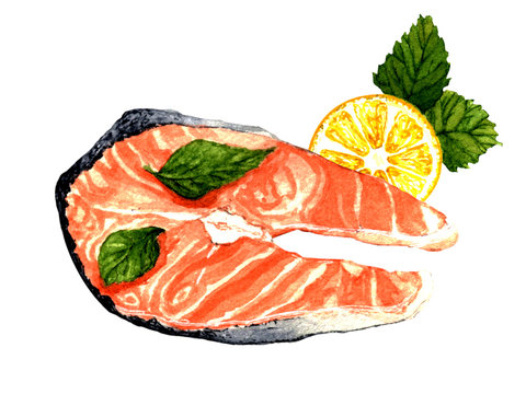watercolor illustration. hand painted. salmon steak and lemon slice on a white background.