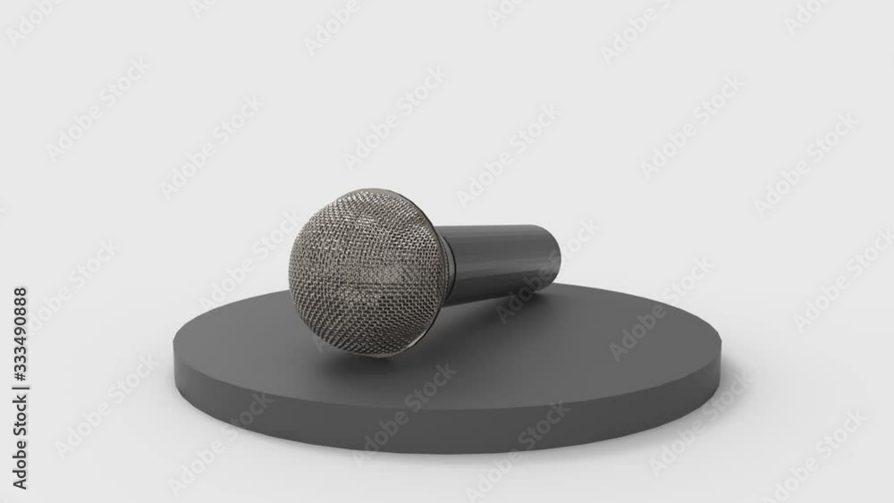 Poster loopable rotating simple microphone on black podium with gray wall as background.