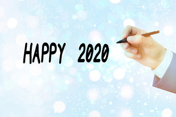 Conceptual hand writing showing Happy 2020. Concept meaning feeling showing or causing pleasure or...