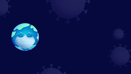 Fototapeta na wymiar Mr. earth waring surgical mask isolated on the blue background with coronavirus.