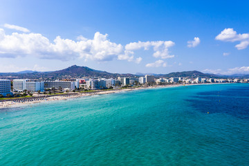 Aerial view, helicopter flight over the bay of Cala Millor and Cala Bona, Manacor region, Mallorca,...