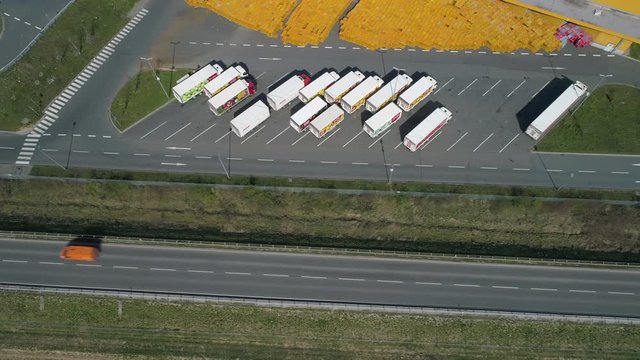 Rosbach, Germany - March 27, 2020: Aerial view of large distribution center of REWE and PENNY. The REWE Group is a German diversified retail and tourism co-operative group.