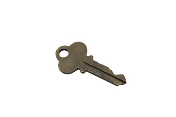 A old, rusted deadbolt key, close up, isolated on a clean, white background.  Shot in macro.