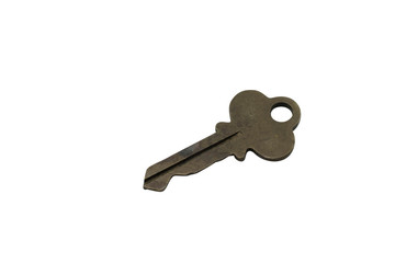 A rusted, old door key, close up, isolated on a clean, white background.  Shot in macro.