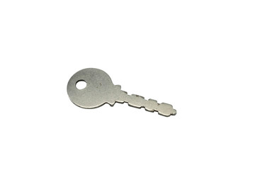 A silver safe deposit box key, close up, isolated on a clean, white background.  Shot in macro.