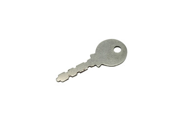 A silver safe deposit box key, close up, isolated on a clean, white background.  Shot in macro.