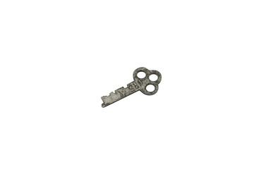 A rusted, old safe deposit box key, close up, isolated on a clean, white background.  Shot in macro.