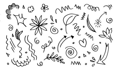Abstract arrows, ribbons and other elements in hand drawn style for concept design. Doodle illustration.