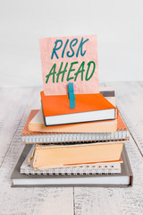 Word writing text Risk Ahead. Business photo showcasing A probability or threat of damage, injury,...