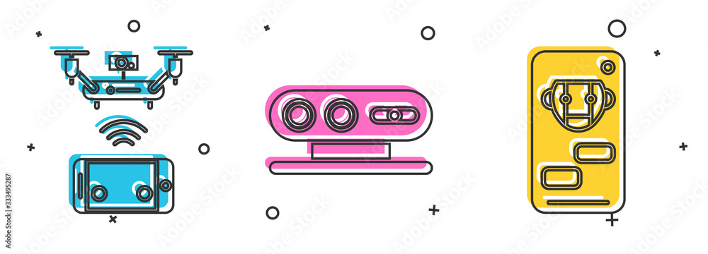 Poster set remote aerial drone, 3d scanning system and bot icon. vector