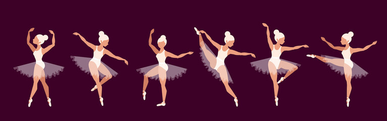 Ballerinas. Set of ballet dancer characters. Beautiful blond girl performance. Girls in pointe shoes and ballet tutu.  Graceful women on stage. Opera concept. Modern vector illustrations for web, app.
