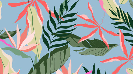 Blue seamless exotic Hawaiian pattern. Tropical design for web and print. Strelitzia flowers, beige, red and soft green palm leaves on a red background. Modern hand drawn vector pattern design. 