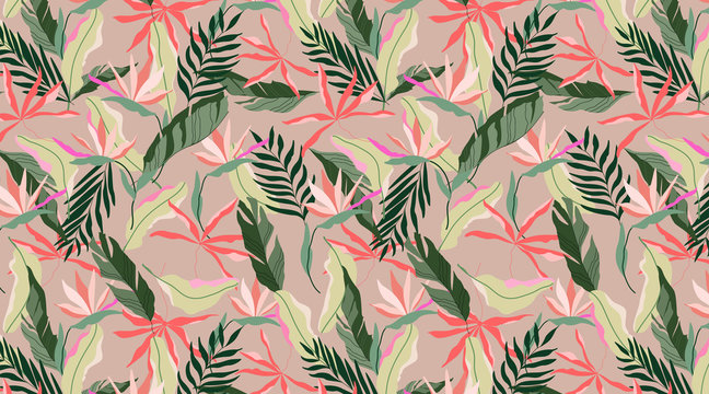 Seamless earthy colour exotic Hawaiian pattern. Tropical design for web and print. Strelitzia flowers, beige, red and soft green leaves on a red background. Modern hand drawn vector pattern design. © Lena Lapina