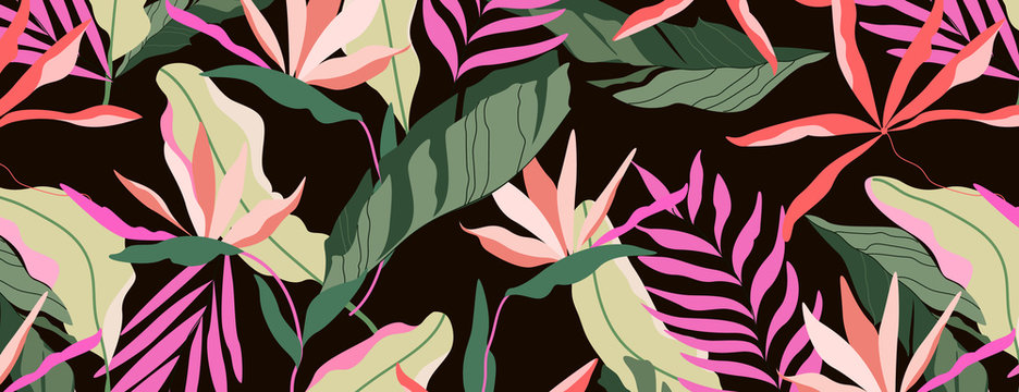 Dark Tropical Pattern. Brown Background Seamless Design. Hawaiian Palm Leaves, Banana Leaves And Strelitzia Flowers. Beautiful Summer Paradise Concept. Banner, Leaflet Design Element.