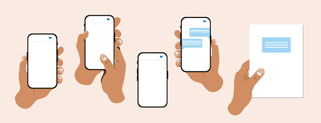 Hand illustration set. Modern vector hands holding note book, cell phones with a text message on a screen. Web, App design infographics. Popular, trendy flat illustrations.
