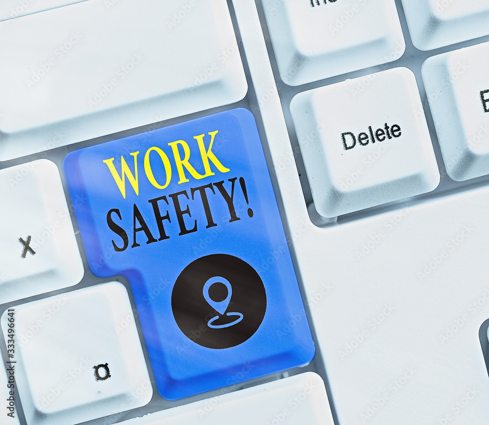 Poster writing note showing work safety. business concept for policies and procedures in place to ensure he
