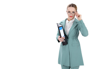 Photo of beautiful blonde secretary woman with long hair writing clipboard notes while working at the office, isolated on white background