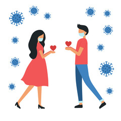 Love couple with medical face masks. oronavirus. Trendy flat vector illustration for dating site.