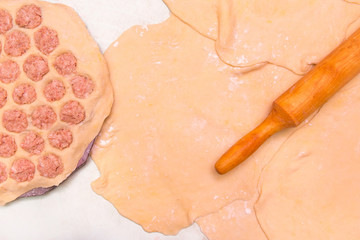 Cooking dumplings at home, culinary composition, dough and rolling pin, copy space