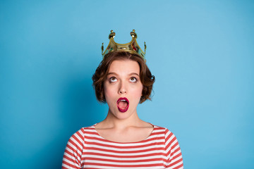 Photo of pretty crazy lady celebrity famous person look up head golden crown prom queen open mouth...