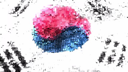 Very bright 60FPS modern Republic of Korea (South Korea) flag on shining pixels colored in blue, red, white waving - abstract 3d seamless looping animation UHD 4k