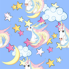 Seamless pattern with unicorns and stars. Baby background.