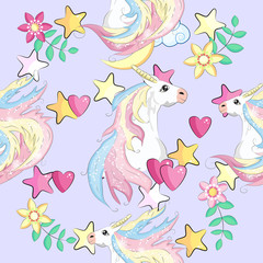 Seamless pattern with unicorns and stars. Baby background.