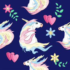 pattern with cute unicorns, clouds,rainbow and stars. Magic background with little unicorns.