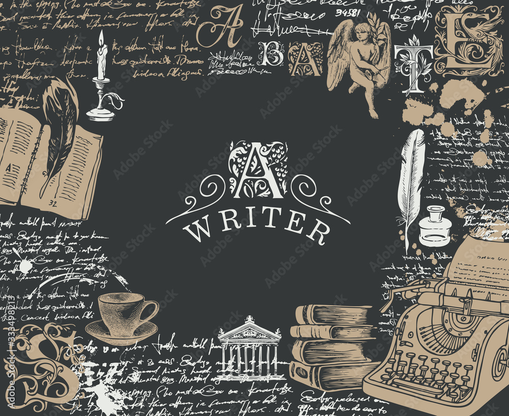 Poster vector illustration on a writers theme with sketches and place for text in retro style. artistic ban