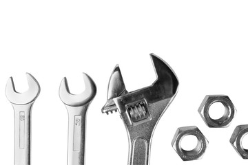 Adjustable wrench isolated on white background, bolts