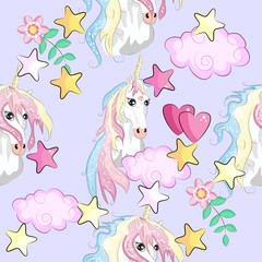 pattern with cute unicorns, clouds,rainbow and stars. Magic background with little unicorns.