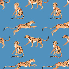 Leopard pattern seamless. Wild animals on a blue background. Modern fashionable pattern. Leopard pattern design for web, card, textile, wallpapers and wrapping paper.
