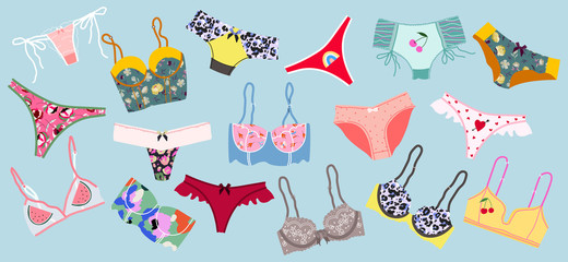 Trendy female underwear, lingerie set. Panties, bikinis and bras. Modern hand drawn colorful collection of women's underwear. Beautiful pattern thongs and lace bras. Sensuality and femininity concept.