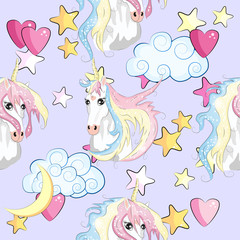 pattern with cute unicorns, clouds,rainbow and stars. Magic background with little unicorns.
