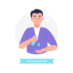 Virus prevention and protection. Use hand sanitizer. Coronavirus alert. Isolated vector illustration in flat cartoon style.