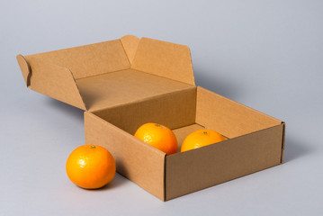 Brown carton cake box with cover with fruits, on grey background