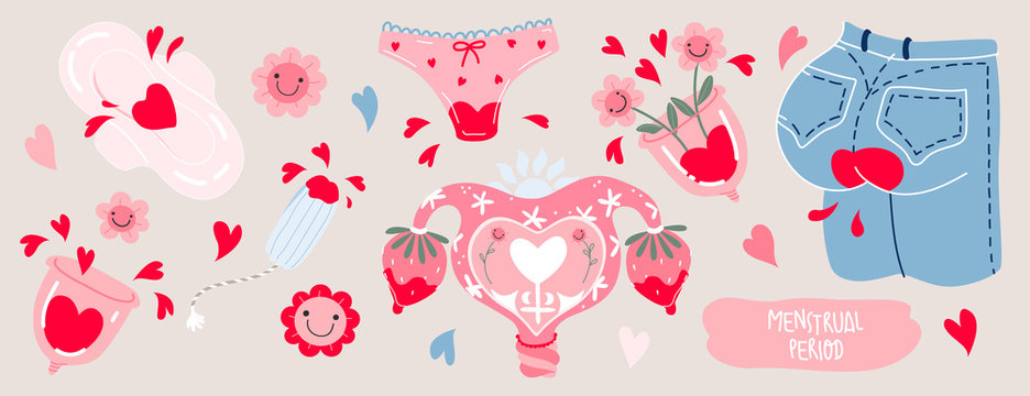 Menstrual theme vector set . Hand drawn illustrations. Bio female hygiene products. Cartoony feminine trendy menstrual protection elements. Zero waste. Health and body care products.