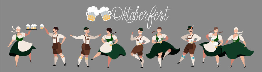 Oktoberfest beer festival. People drinking beer, dancing, celebrating. German Traditional holiday. Set of people characters. Octoberfest concept. National German men and women costumes. Modern vector.