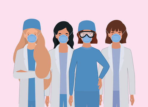 Women Doctors With Uniforms Masks And Glasses Vector Design