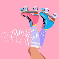 Roller skates. Old school pink poster. Woman legs, creative white sign, and skater blades. Purple long socks. Trendy hand-drawn vector illustration for web and print. Vintage card design. Calligraphy.