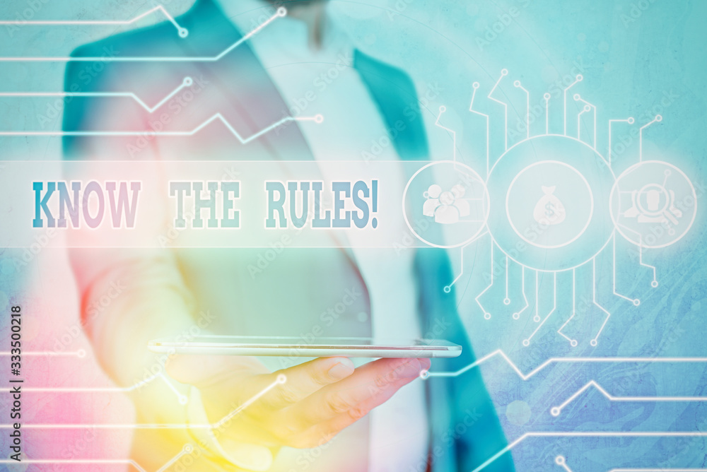 Poster text sign showing know the rules. business photo showcasing set explicit or regulation principles go