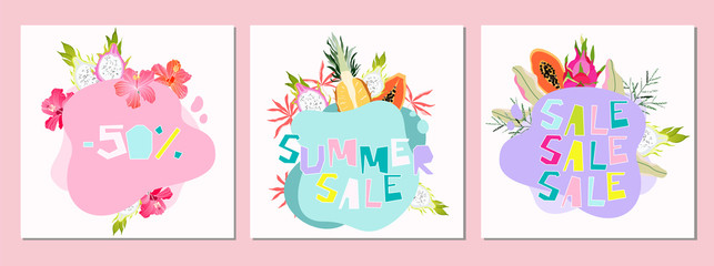 Summer sale fruity design set. Tropical hand drawn web, shop banner elements. 50% discount, sale, summer sale icons. Hot summer sale deal. Special offer illustrations.