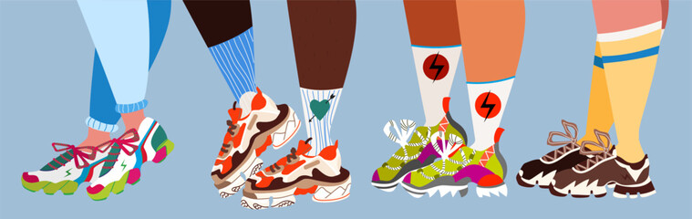 Sneakers and legs. Sport shoes and trendy socks. Set of people legs and different trainers. Modern vector illustration for web banner design. Vibrant pink design. Modern society, fashion.