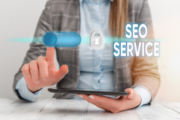 Text sign showing Seo Service. Business photo showcasing techniques and procedures to increase the...