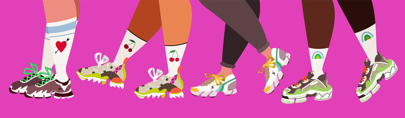 Sneakers and legs. Sport shoes and trendy socks. Set of people legs and different trainers. Modern vector illustration for web banner design. Vibrant pink design. Modern society, fashion.